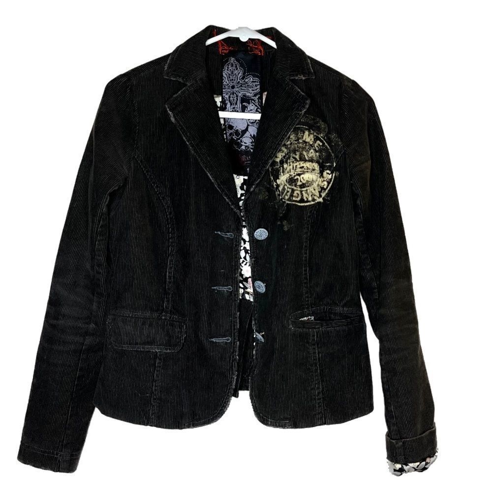 Miss Me Brown Distressed Corduroy Jacket Embroidered Long Sleeve Blazer Grunge S